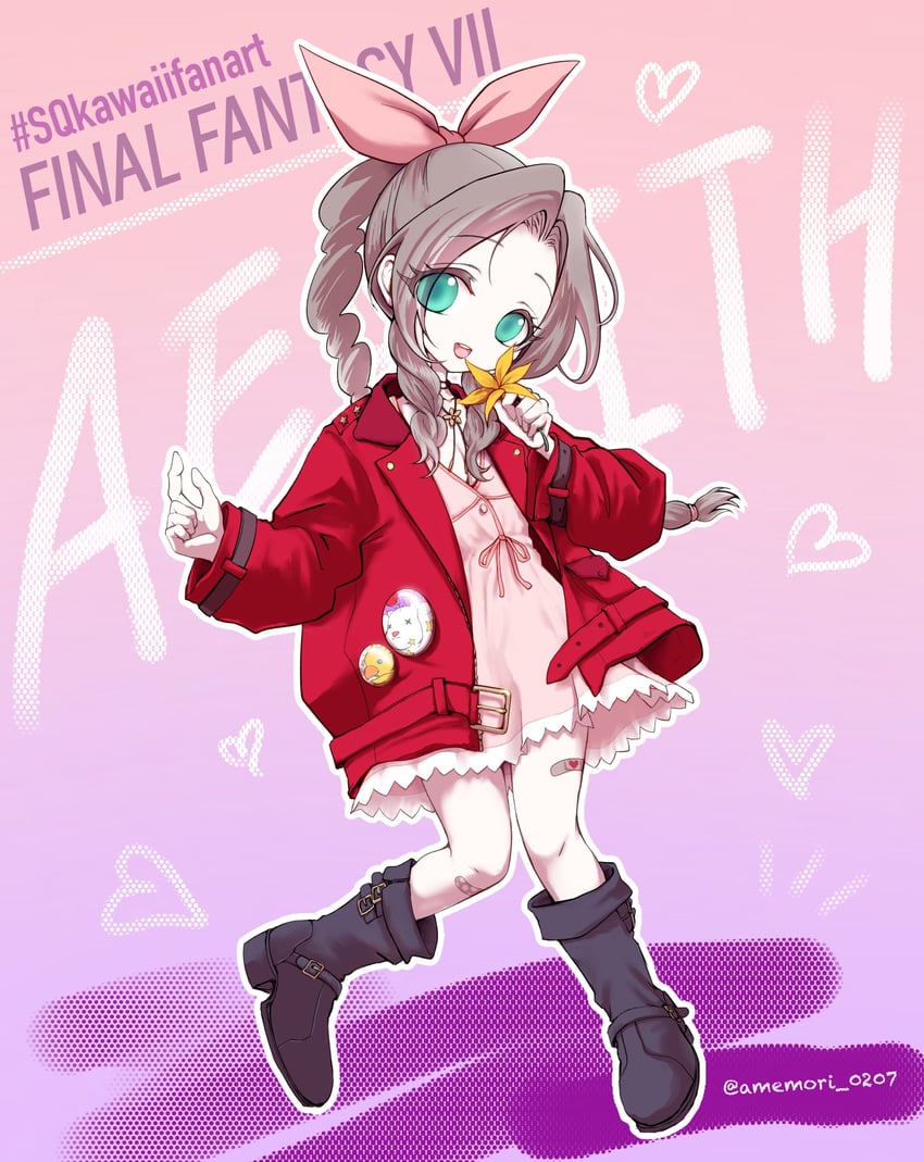aerith gainsborough and moogle (final fantasy and 1 more) drawn by amemori_0207