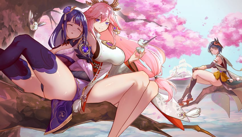 raiden shogun, yae miko, and kujou sara (genshin impact) drawn by kestie_choi