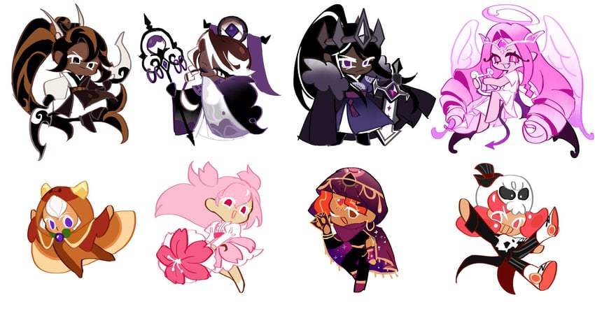 eternal sugar cookie, cherry blossom cookie, dark cacao cookie, caramel arrow cookie, affogato cookie, and 3 more (cookie run and 2 more) drawn by geruideyundongxie