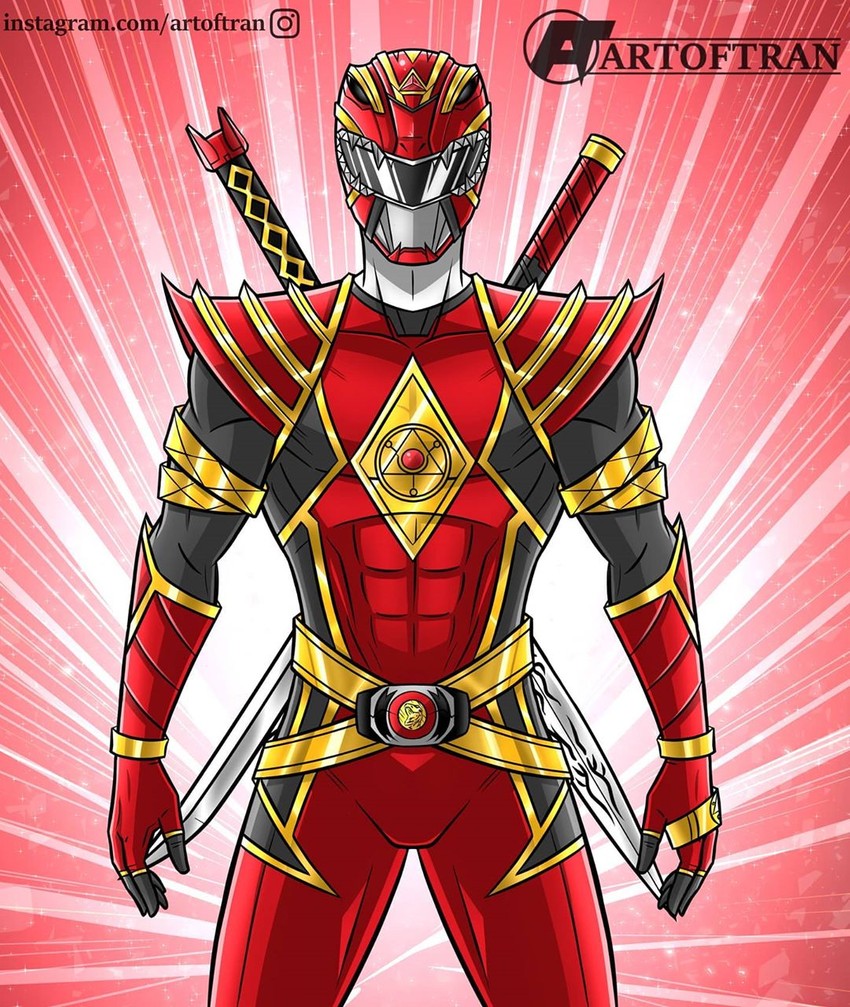 tyranno ranger, mighty morphin red ranger, and omega red ranger (super sentai and 3 more) drawn by artoftran