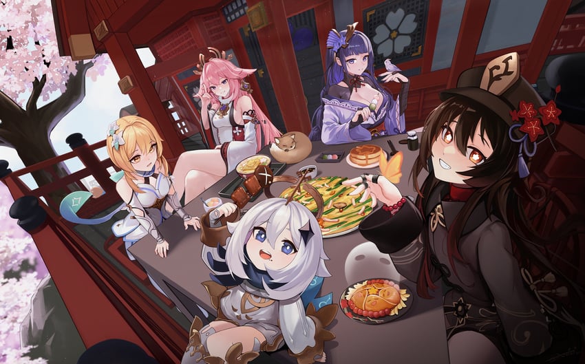 lumine, raiden shogun, hu tao, yae miko, paimon, and 1 more (genshin impact) drawn by anizi