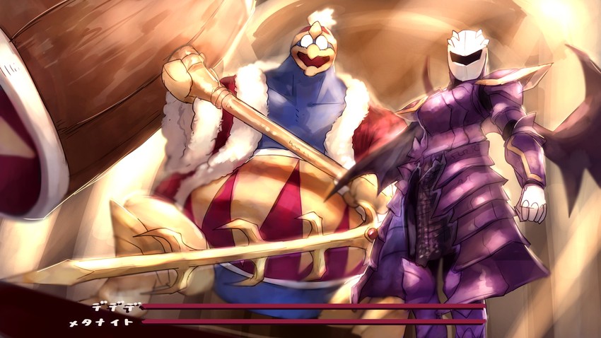 meta knight, king dedede, dragon slayer ornstein, and executioner smough (kirby and 2 more) drawn by shiburingaru