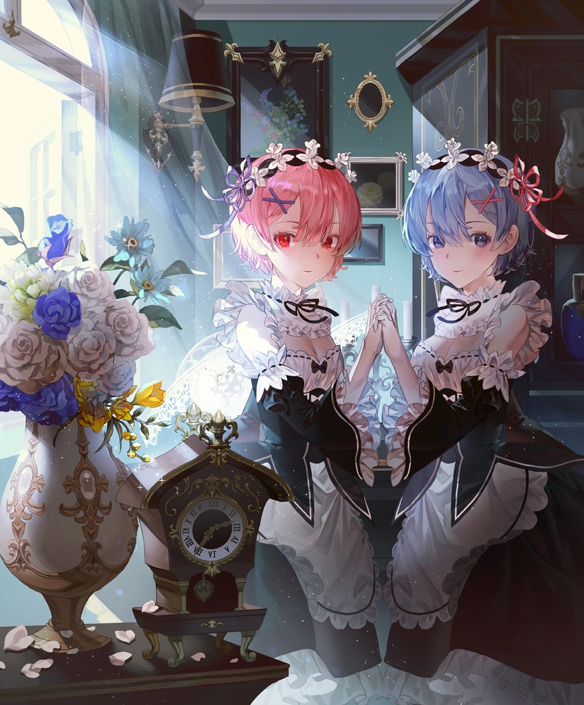 rem and ram (re:zero kara hajimeru isekai seikatsu) drawn by fajyobore