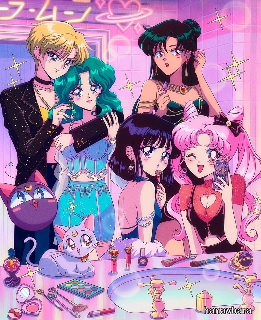 chibi usa, tomoe hotaru, ten'ou haruka, kaiou michiru, meiou setsuna, and 2 more (bishoujo senshi sailor moon and 2 more) drawn by hanavbara