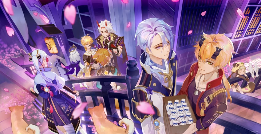 aether, paimon, kamisato ayaka, kamisato ayato, arataki itto, and 3 more (genshin impact) drawn by neirdr1