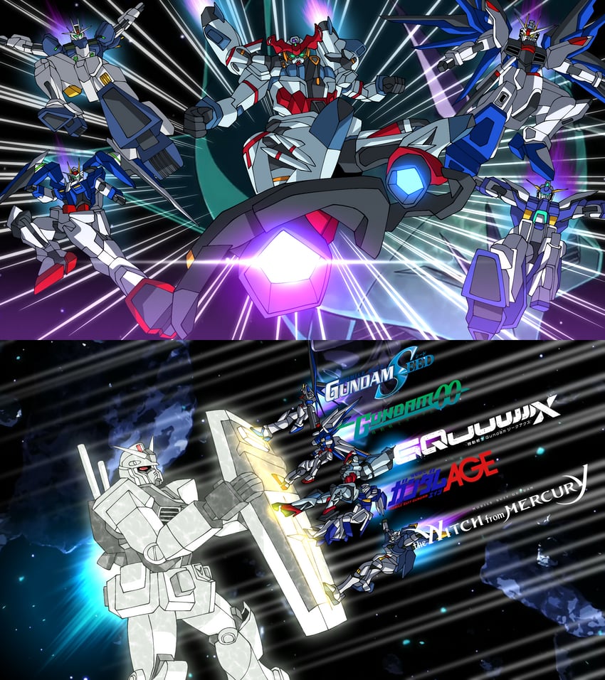 rx-78-2 gundam, gquuuuuux, freedom gundam, 00 gundam, gundam aerial rebuild, and 2 more (gundam and 9 more) drawn by gundrass