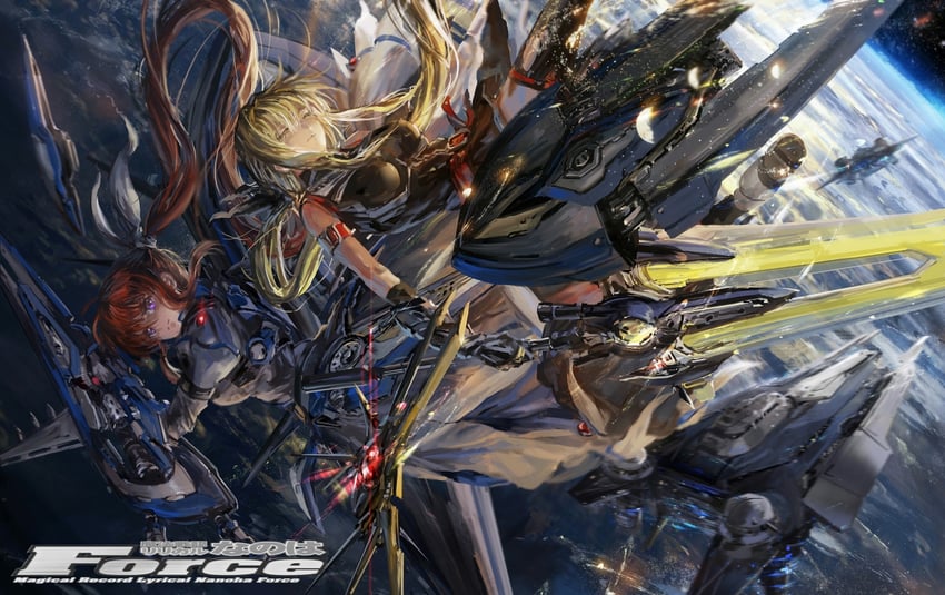 fate testarossa, takamachi nanoha, raising heart, bardiche, strike cannon, and 1 more (lyrical nanoha and 1 more) drawn by stu_dts