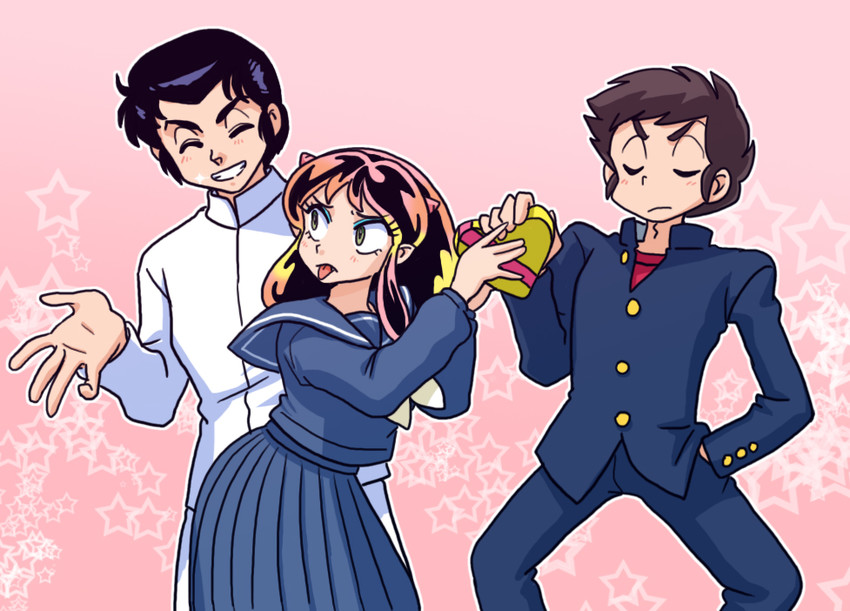 lum, moroboshi ataru, and mendou shuutarou (urusei yatsura) drawn by wanta_(futoshi)