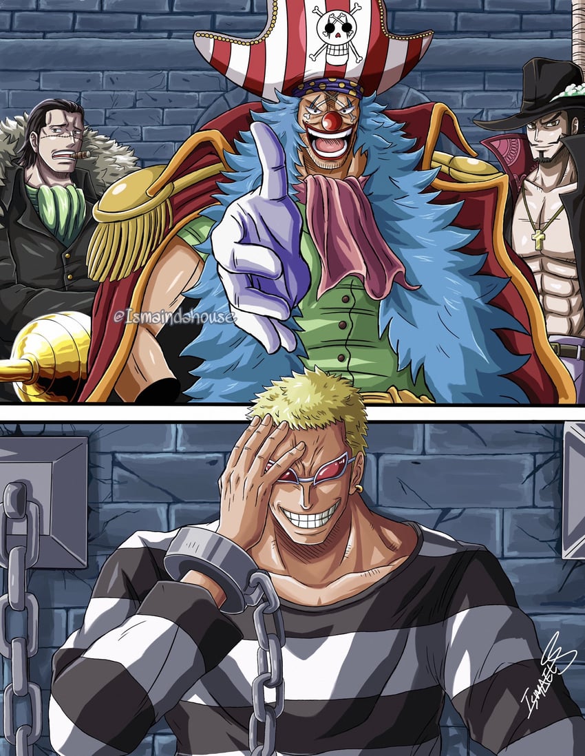 donquixote doflamingo, crocodile, buggy the clown, and dracule mihawk (one piece) drawn by ismaindahouse