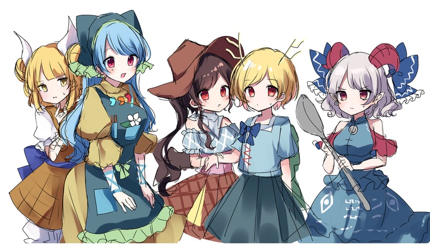 kicchou yachie, kurokoma saki, toutetsu yuuma, haniyasushin keiki, and joutouguu mayumi (touhou) drawn by moshihimechan