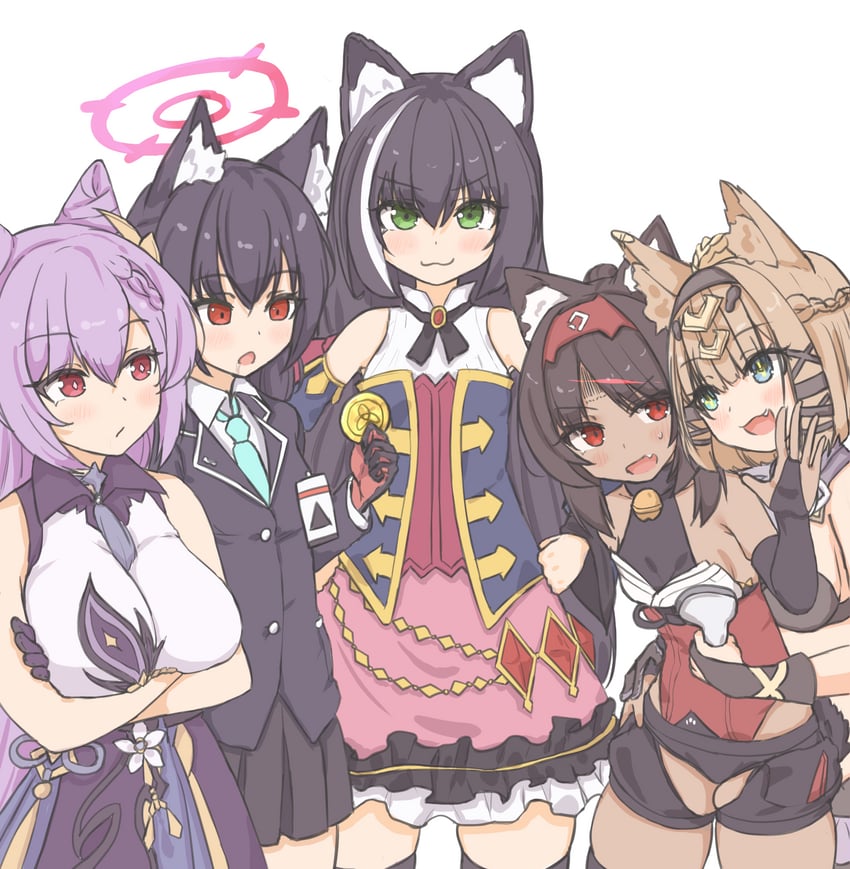 keqing, karyl, serika, nekomiya mana, and pardofelis (blue archive and 6 more) drawn by kyaong