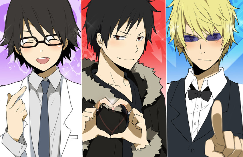orihara izaya, heiwajima shizuo, and kishitani shinra (durarara!!) drawn by kurot