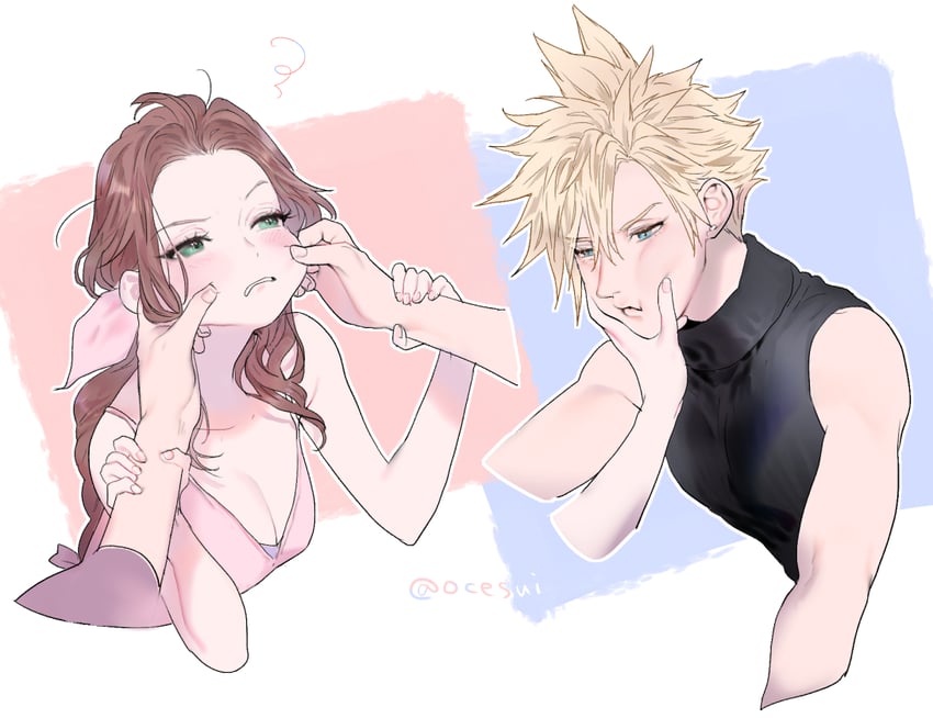 cloud strife and aerith gainsborough (final fantasy and 2 more) drawn by ocesui