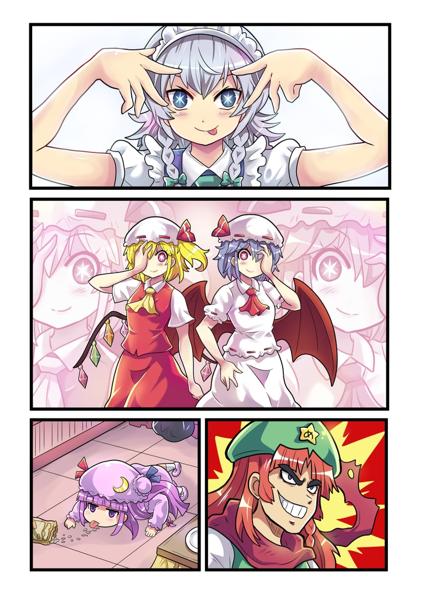 remilia scarlet, flandre scarlet, izayoi sakuya, patchouli knowledge, hong meiling, and 1 more (touhou and 3 more) drawn by colonel_aki
