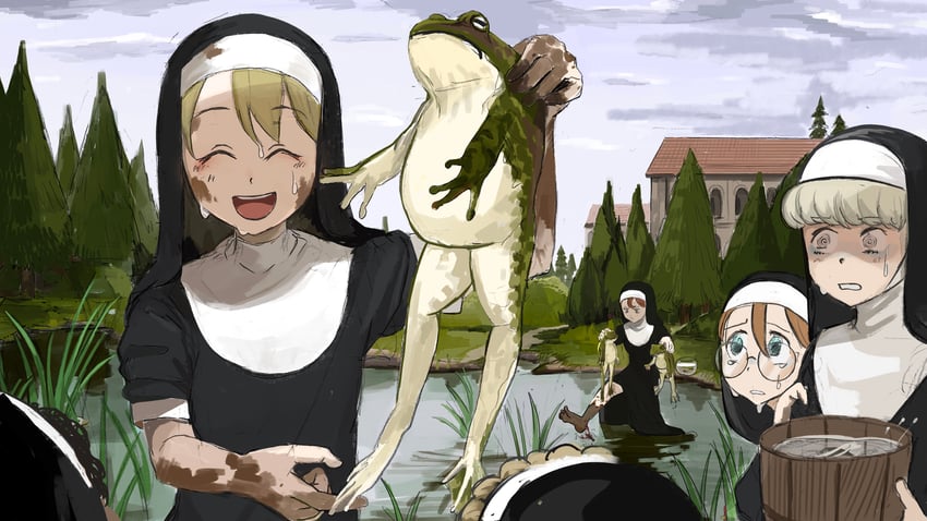 clumsy nun, froggy nun, sheep nun, and glasses nun (little nuns) drawn by diva_(hyxpk)