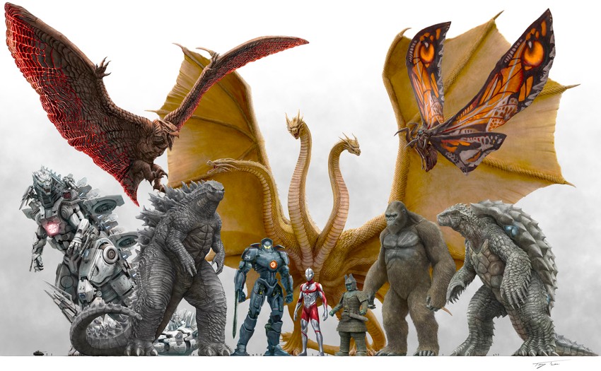 godzilla, ultraman, gipsy danger, king ghidorah, mothra, and 6 more (ultra series and 9 more) drawn by eatalllot