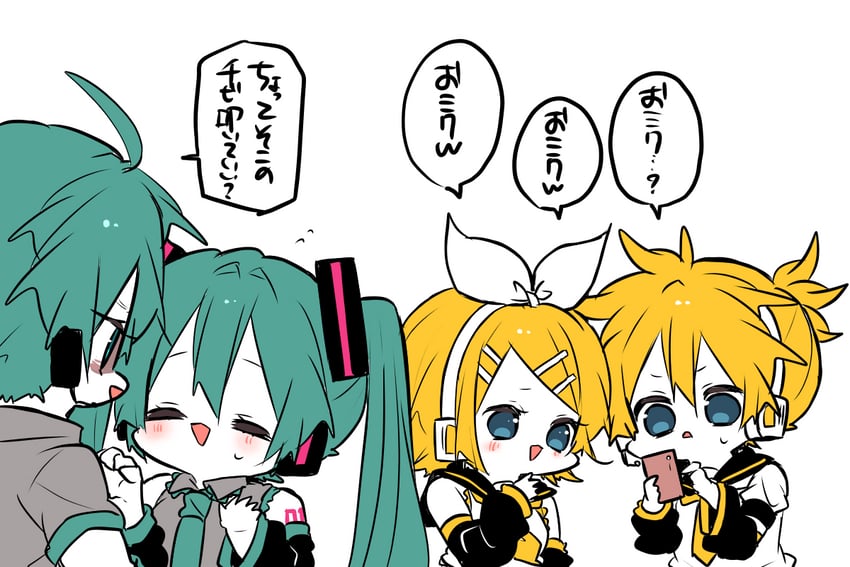 hatsune miku, kagamine rin, kagamine len, and hatsune mikuo (vocaloid) drawn by kaho_0102