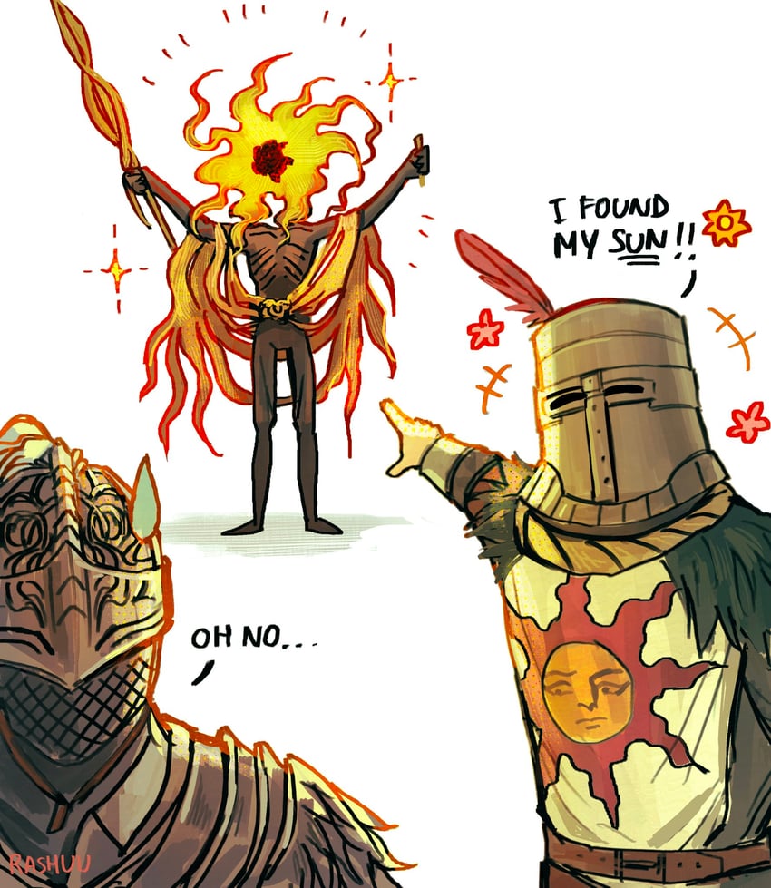 tarnished, bloody wolf, solaire of astora, and midra lord of frenzied flame (elden ring and 4 more) drawn by rashuu