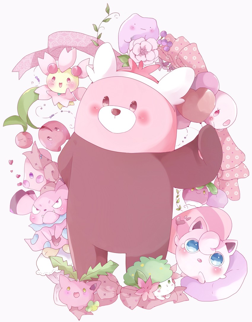 jigglypuff, ditto, shaymin, luvdisc, hoppip, and 6 more (pokemon and 1 more) drawn by tsukiyo_(skymint)