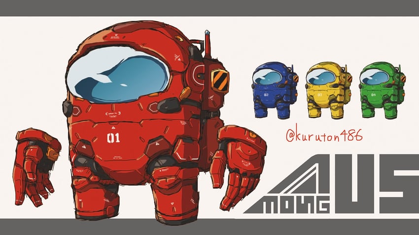 crewmate, yellow, red, blue, and green (among us) drawn by kuruton486