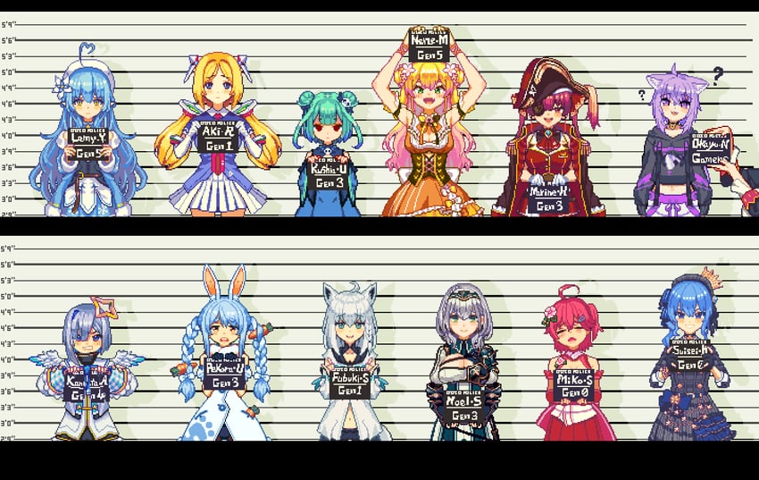 houshou marine, shirakami fubuki, hoshimachi suisei, usada pekora, nekomata okayu, and 8 more (hololive) drawn by tengu_nouzu