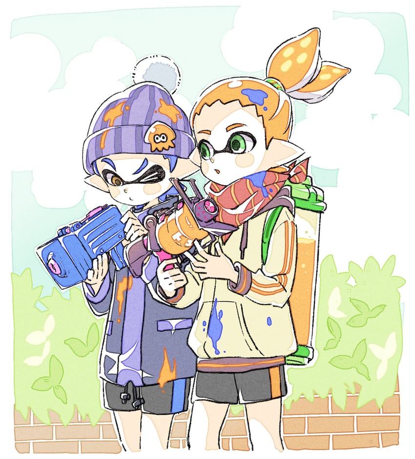 inkling player character and inkling boy (splatoon) drawn by sen_squid