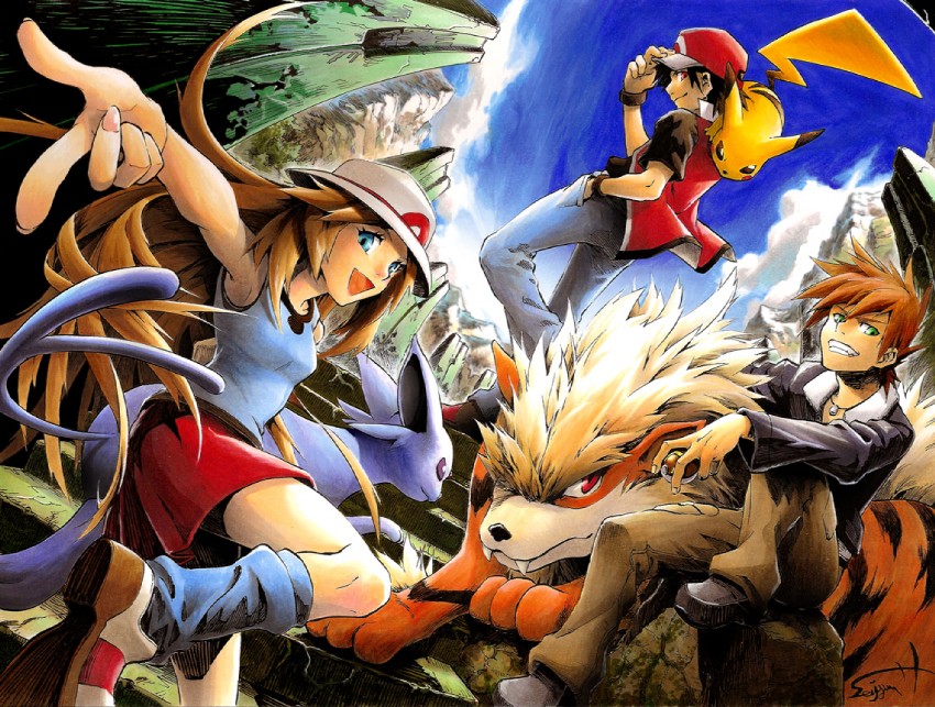 pikachu, red, blue oak, leaf, espeon, and 1 more (pokemon and 2 more) drawn by seijun