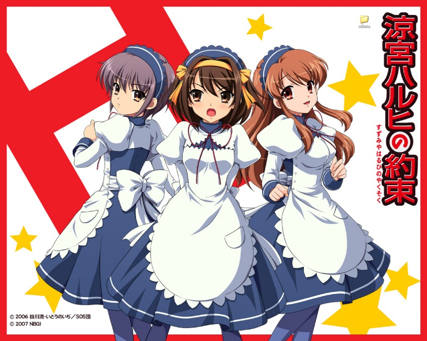 suzumiya haruhi, nagato yuki, and asahina mikuru (suzumiya haruhi no yuuutsu)