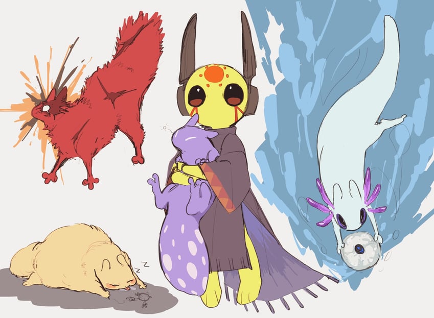spearmaster, rivulet, artificer, seven red suns, and gourmand (rain world) drawn by izz_owooo