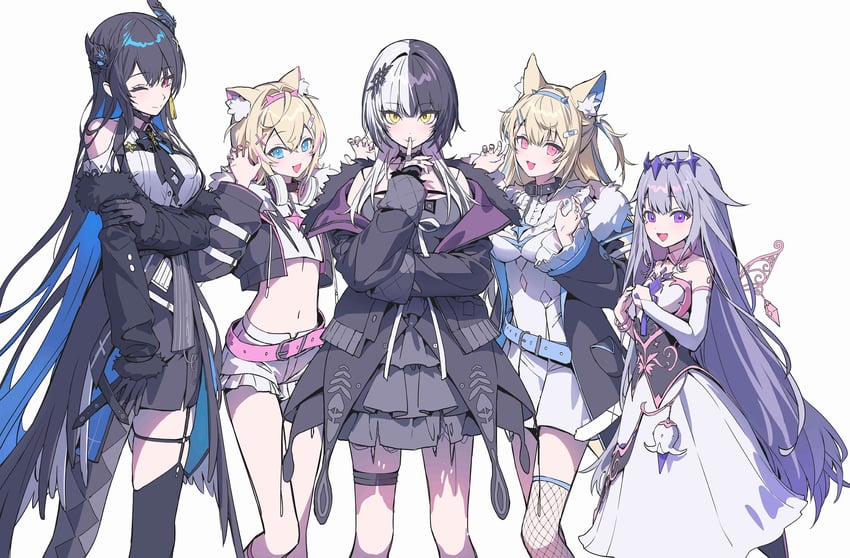 shiori novella, nerissa ravencroft, fuwawa abyssgard, mococo abyssgard, and koseki bijou (hololive and 1 more) drawn by kitada_mo