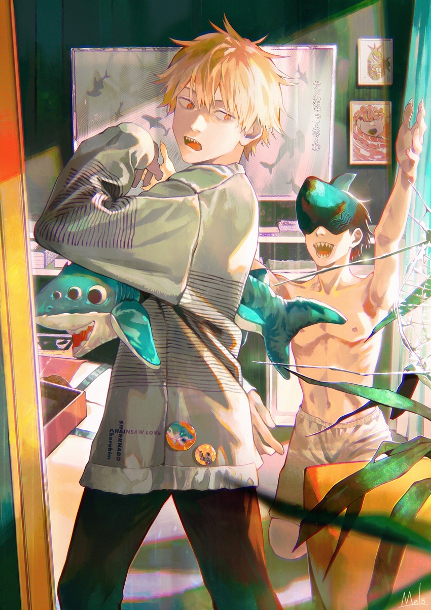 denji, beam, and shark devil (chainsaw man) drawn by kyuuba_melo