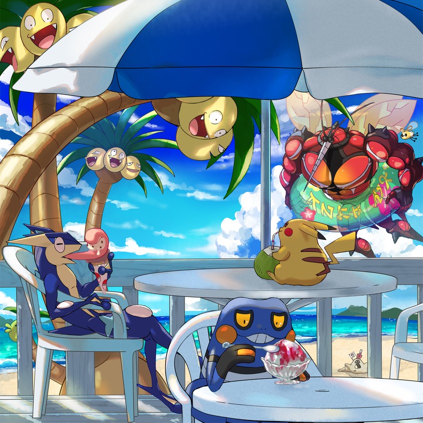 pikachu, greninja, cutiefly, alolan exeggutor, croagunk, and 3 more (pokemon) drawn by mikami