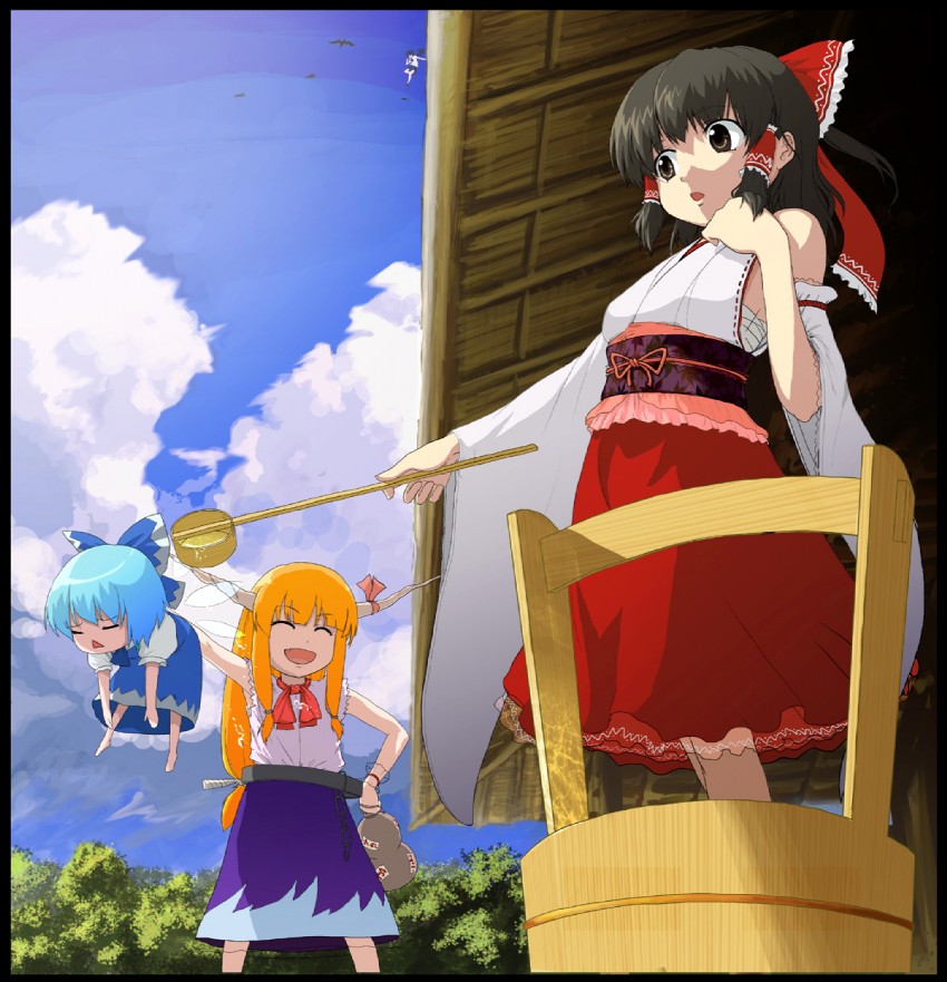 hakurei reimu, cirno, shameimaru aya, and ibuki suika (touhou) drawn by ripu
