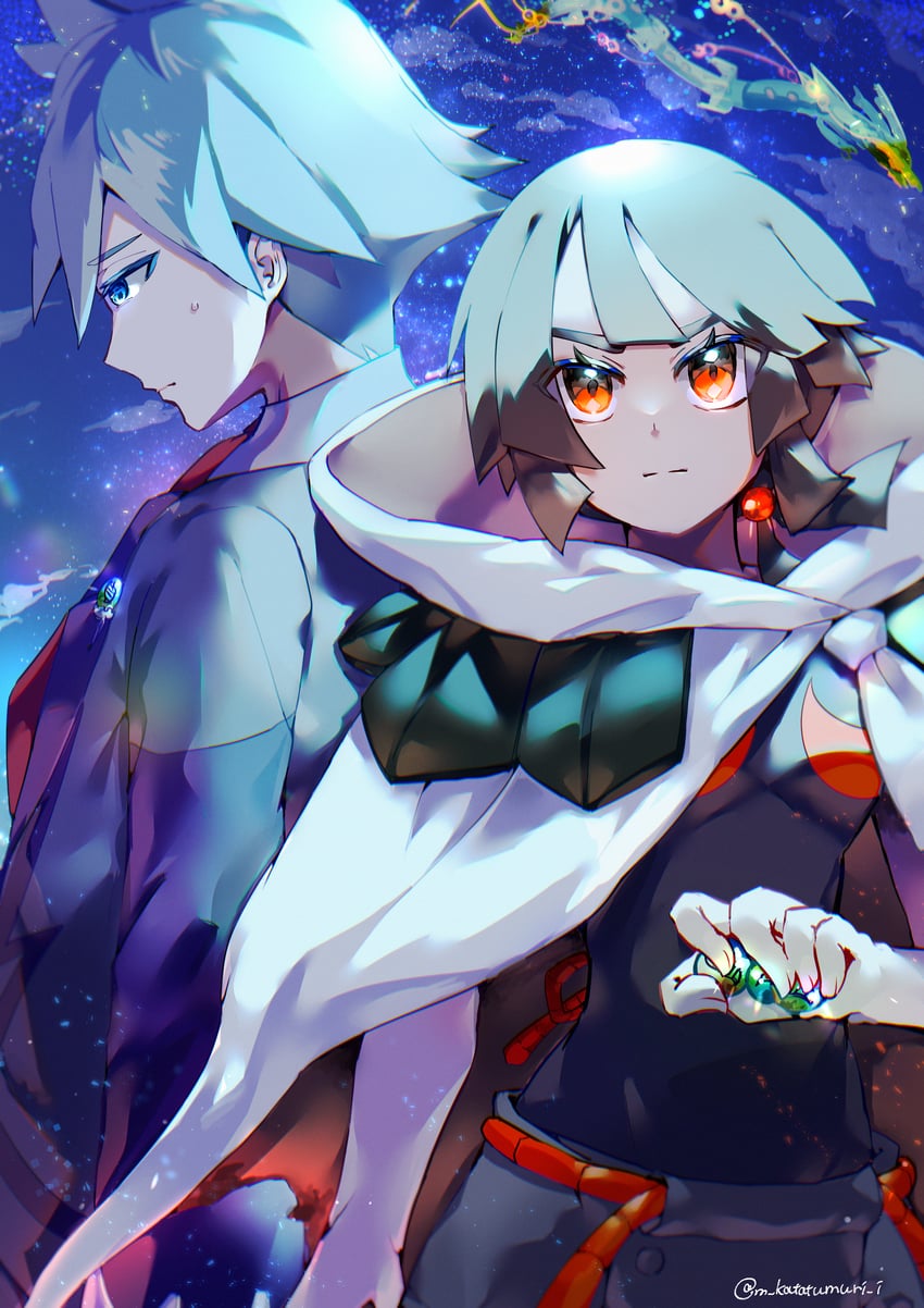steven stone, rayquaza, zinnia, and mega rayquaza (pokemon and 1 more) drawn by katatsumuri_72