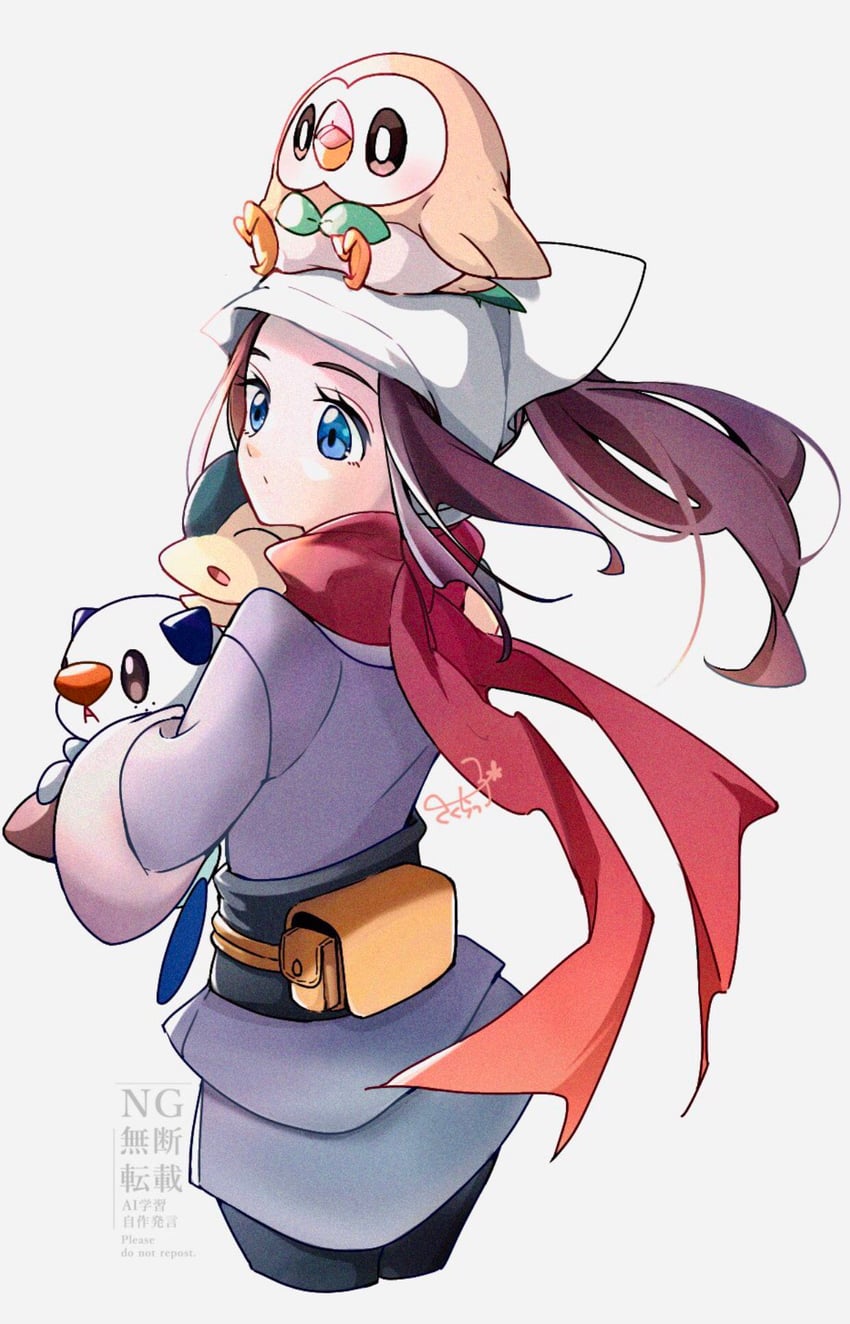 akari, rowlet, oshawott, and cyndaquil (pokemon and 1 more) drawn by cocoa_s3
