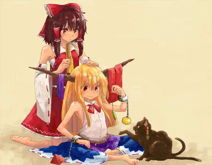 hakurei reimu, kaenbyou rin, and ibuki suika (touhou) drawn by matsutani
