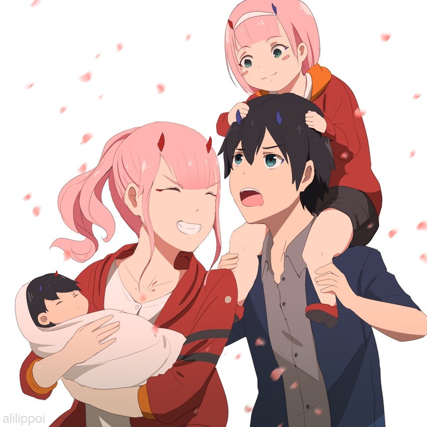 zero two and hiro (darling in the franxx) drawn by alilippoi