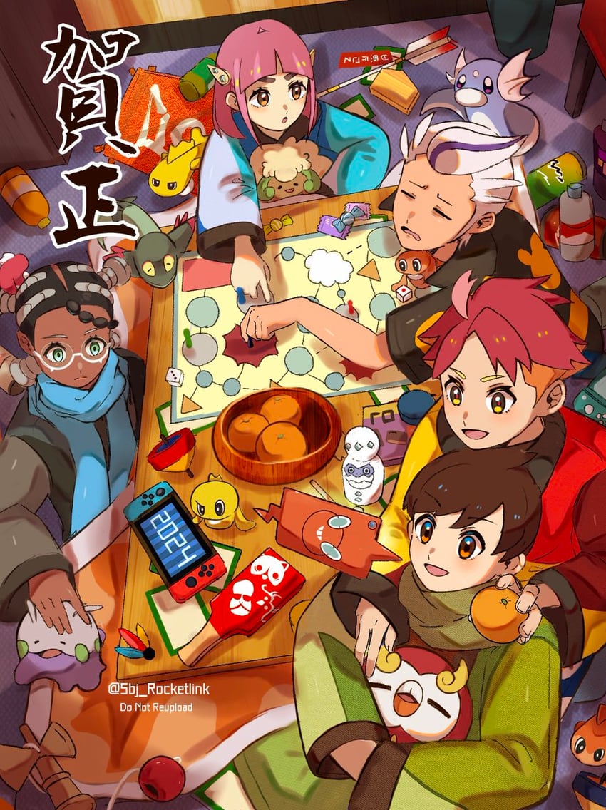 rotom, rowlet, rotom phone, florian, lacey, and 10 more (pokemon and 1 more) drawn by yomogi_dango_(sbj_rocketlink)