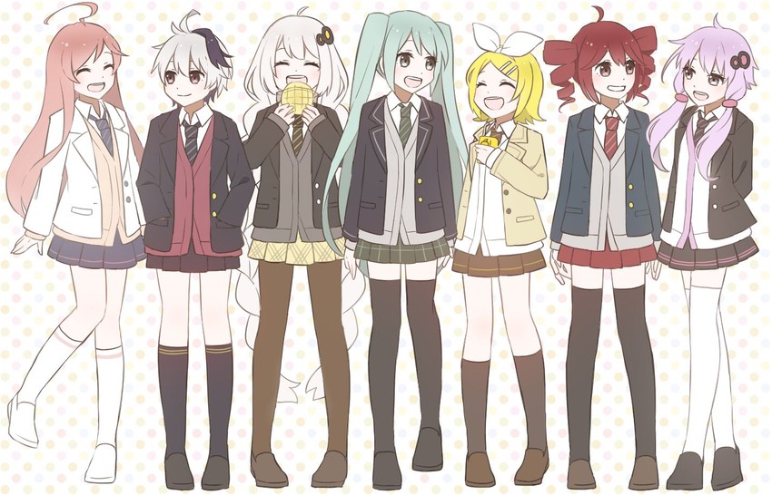 hatsune miku, kagamine rin, kasane teto, yuzuki yukari, kizuna akari, and 2 more (vocaloid and 2 more) drawn by skc