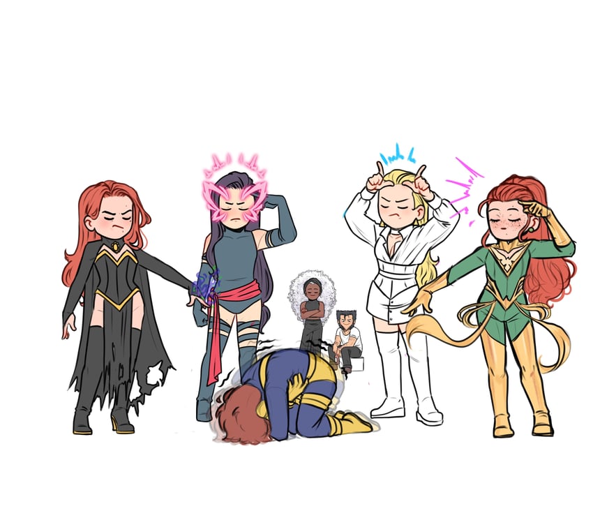 wolverine, psylocke, emma frost, storm, cyclops, and 3 more (marvel and 1 more) drawn by padawan_carol