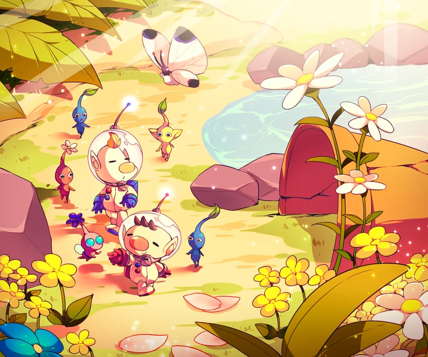 red pikmin, olimar, yellow pikmin, blue pikmin, louie, and 1 more (pikmin) drawn by shirushiki