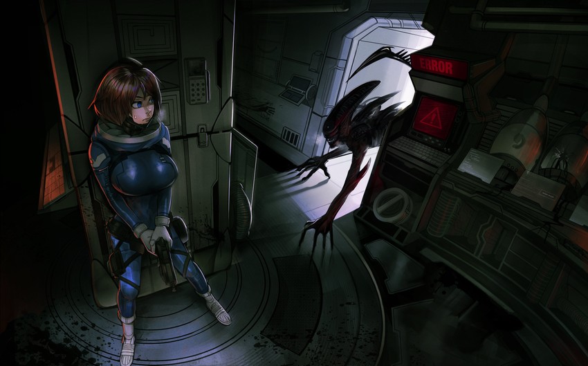 xenomorph and space girl (original and 2 more) drawn by hommie-k9k9