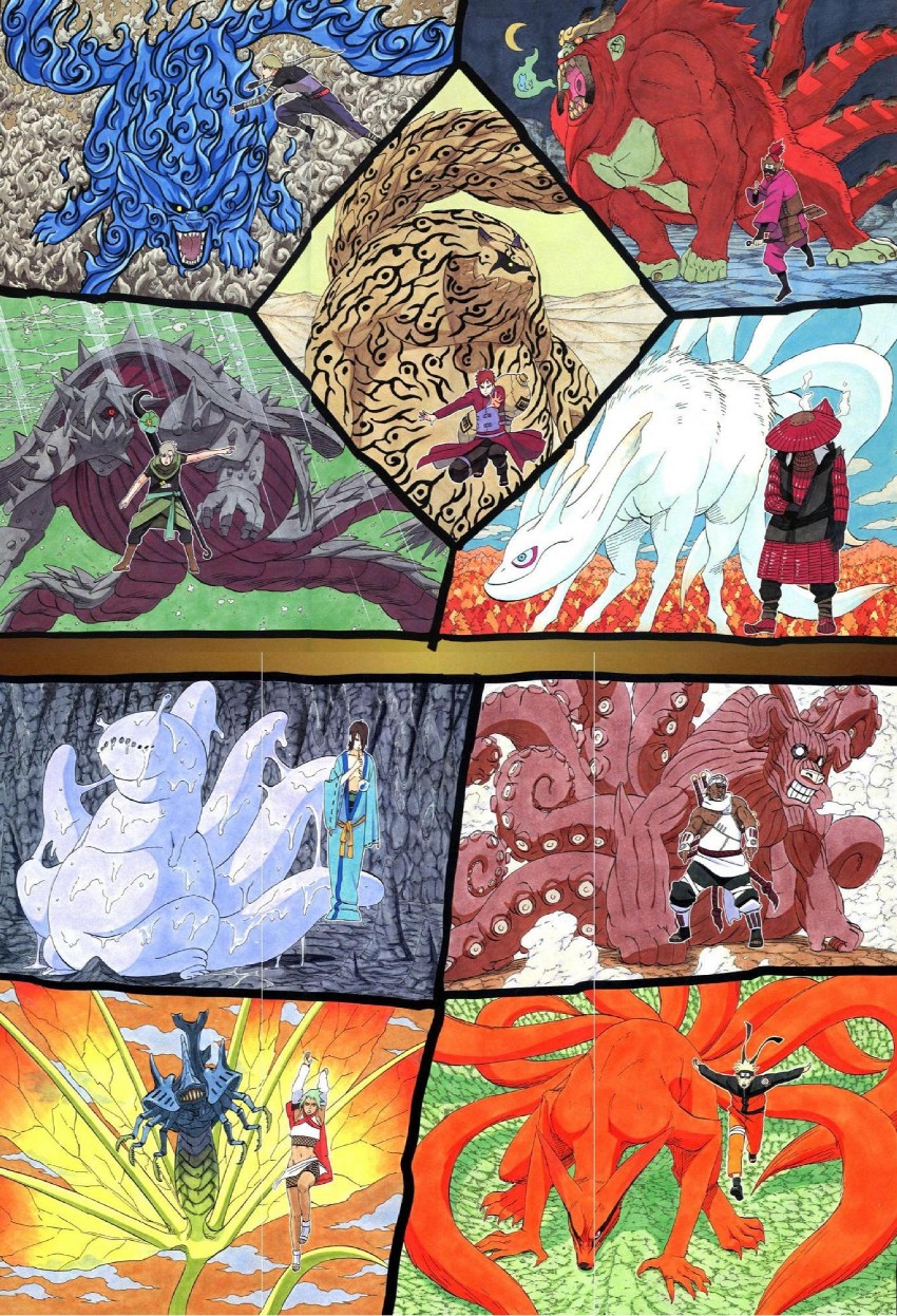uzumaki naruto, gaara, killer bee, shukaku, nii yugito, and 11 more (naruto and 1 more) drawn by kishimoto_masashi