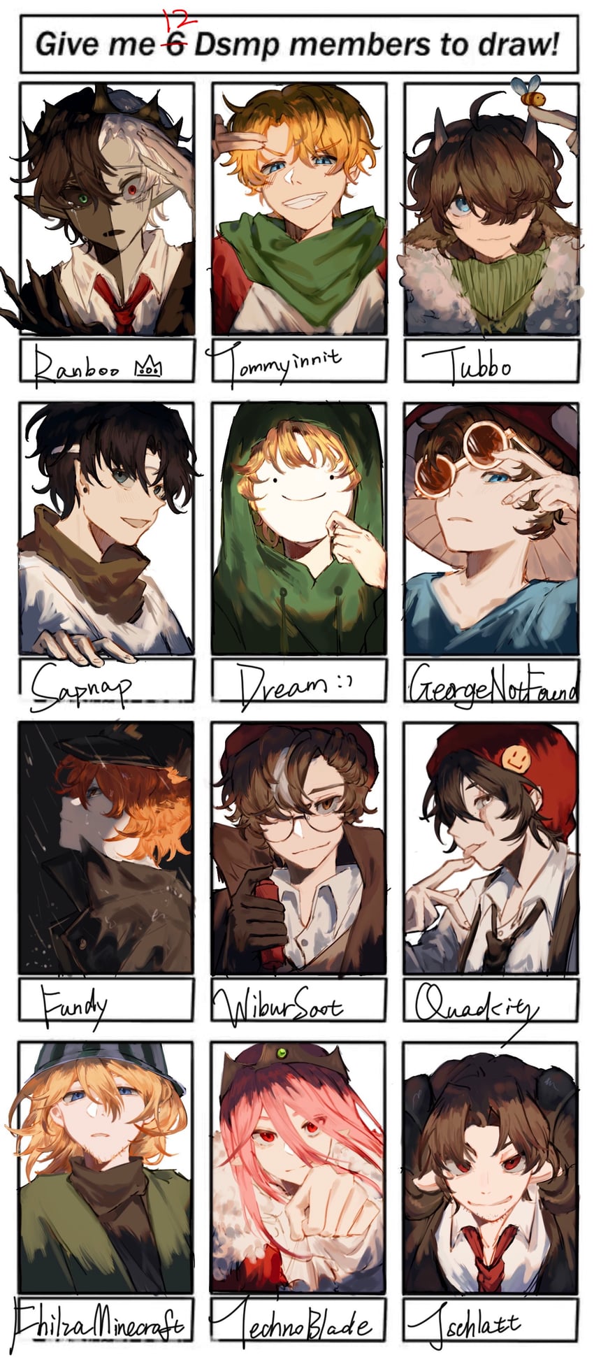 technoblade, ranboo, quackity, wilbur soot, ph1lza, and 7 more (minecraft youtube and 1 more) drawn by siu-cuoh2