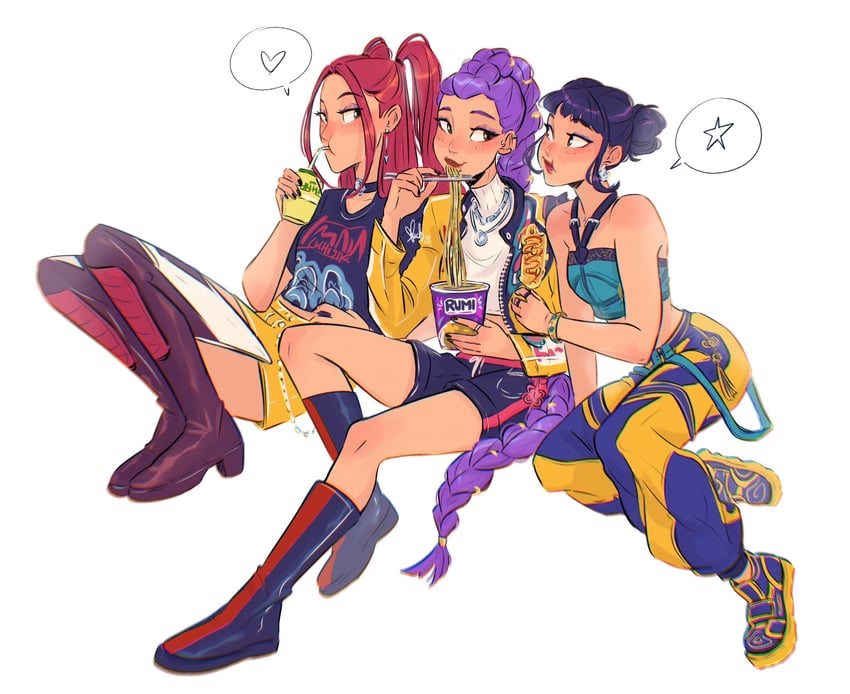 rumi, zoey, and mira (kpop demon hunters) drawn by luchijjk