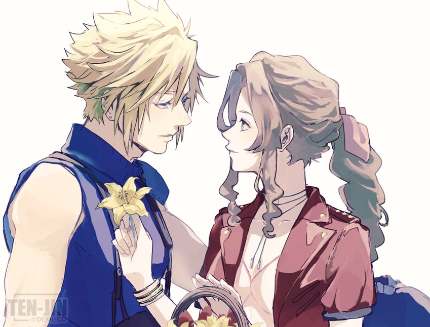 cloud strife and aerith gainsborough (final fantasy and 2 more) drawn by demi_co