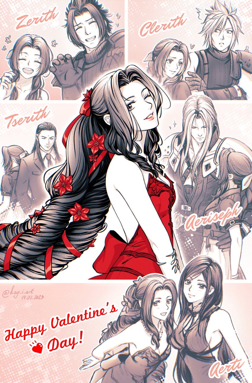 tifa lockhart, cloud strife, aerith gainsborough, sephiroth, zack fair, and 1 more (final fantasy and 3 more) drawn by kay-i
