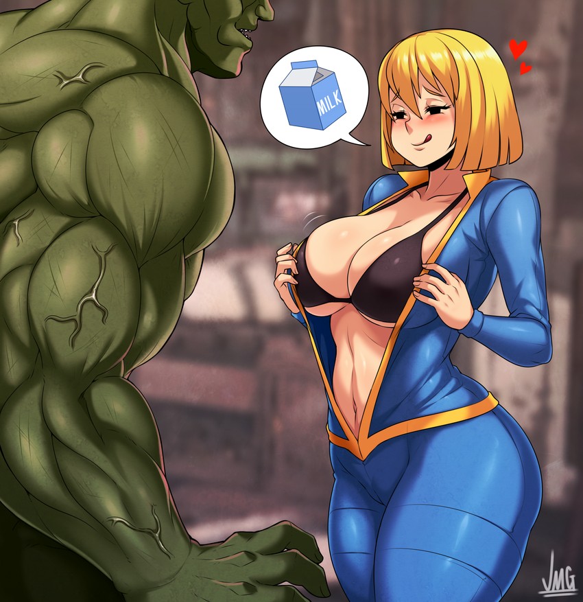 vault girl and super mutant (fallout and 1 more) drawn by jmg
