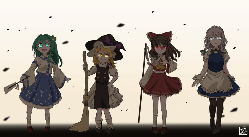 hakurei reimu, kirisame marisa, izayoi sakuya, and kochiya sanae (touhou and 1 more) drawn by chamaji
