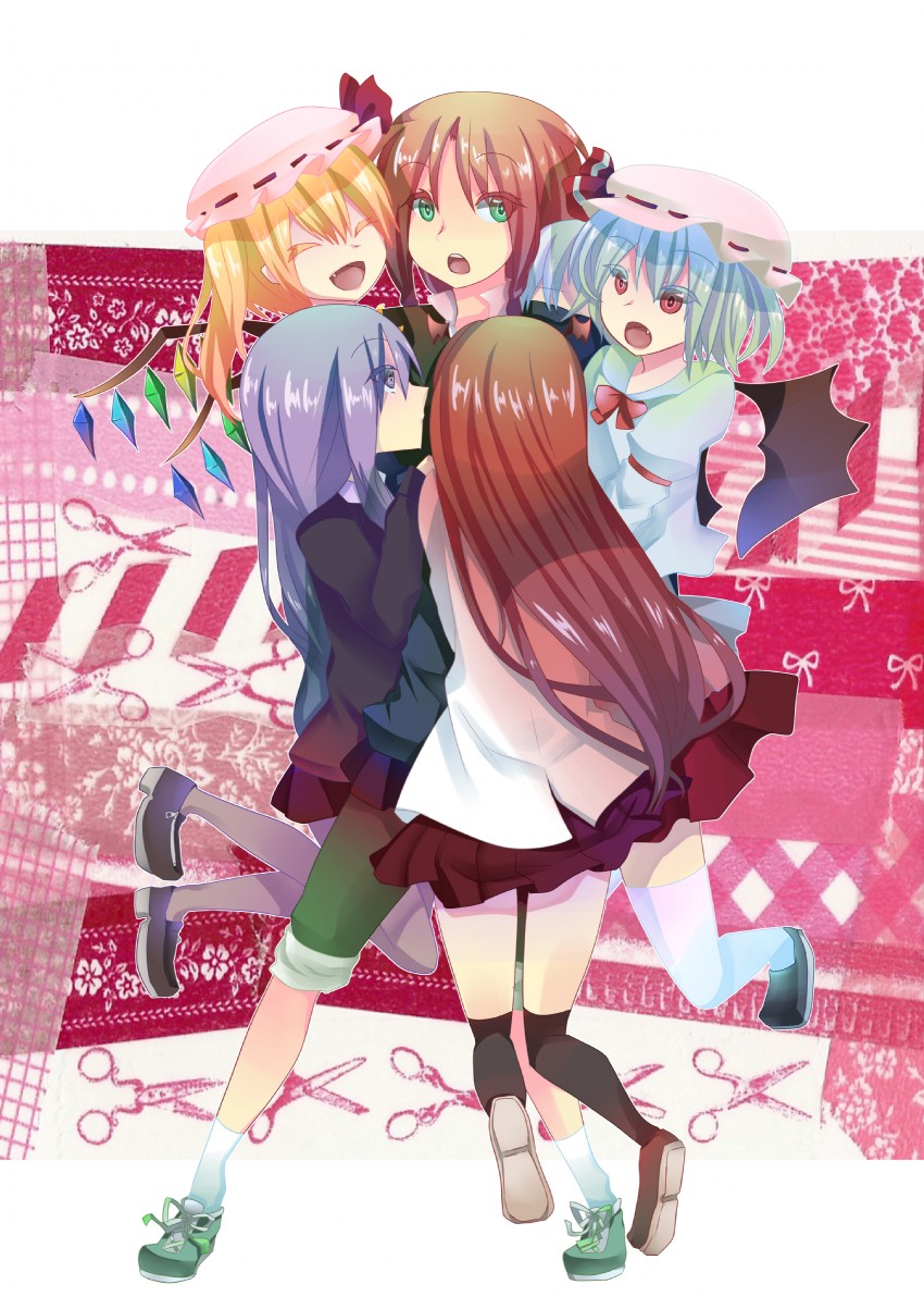 remilia scarlet, flandre scarlet, patchouli knowledge, hong meiling, and koakuma (touhou) drawn by kantomu